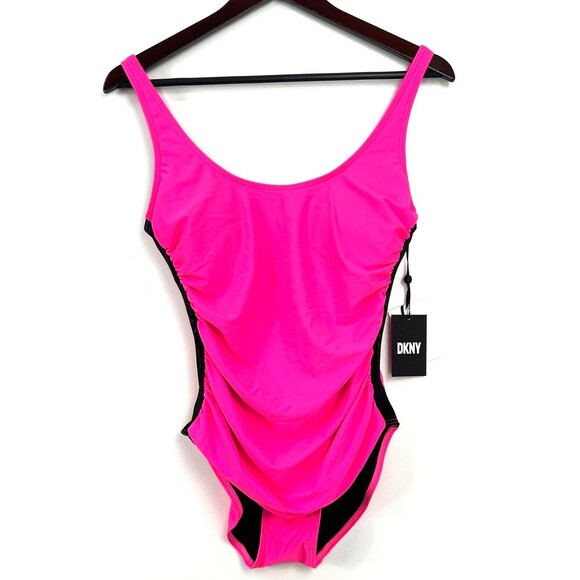 New DKNY One Piece Womens Sz 8 Hot Pink Swimsuit Beach Vacation Resort Rusching - Picture 2 of 10